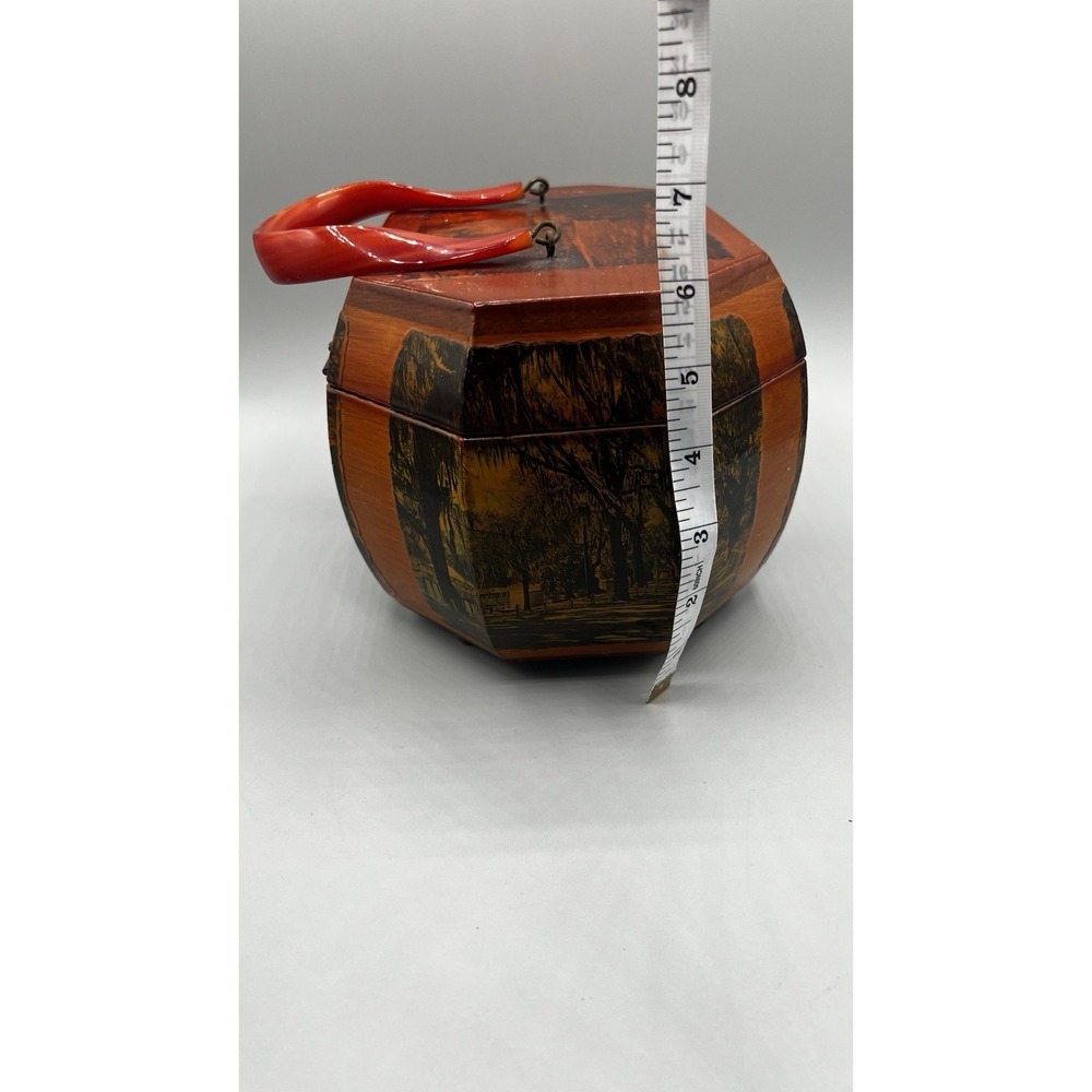 Vtg Wooden Octagon Purse Decoupage Forsyth Park Savannah Lacquered Lucite Handle - Picture 9 of 15